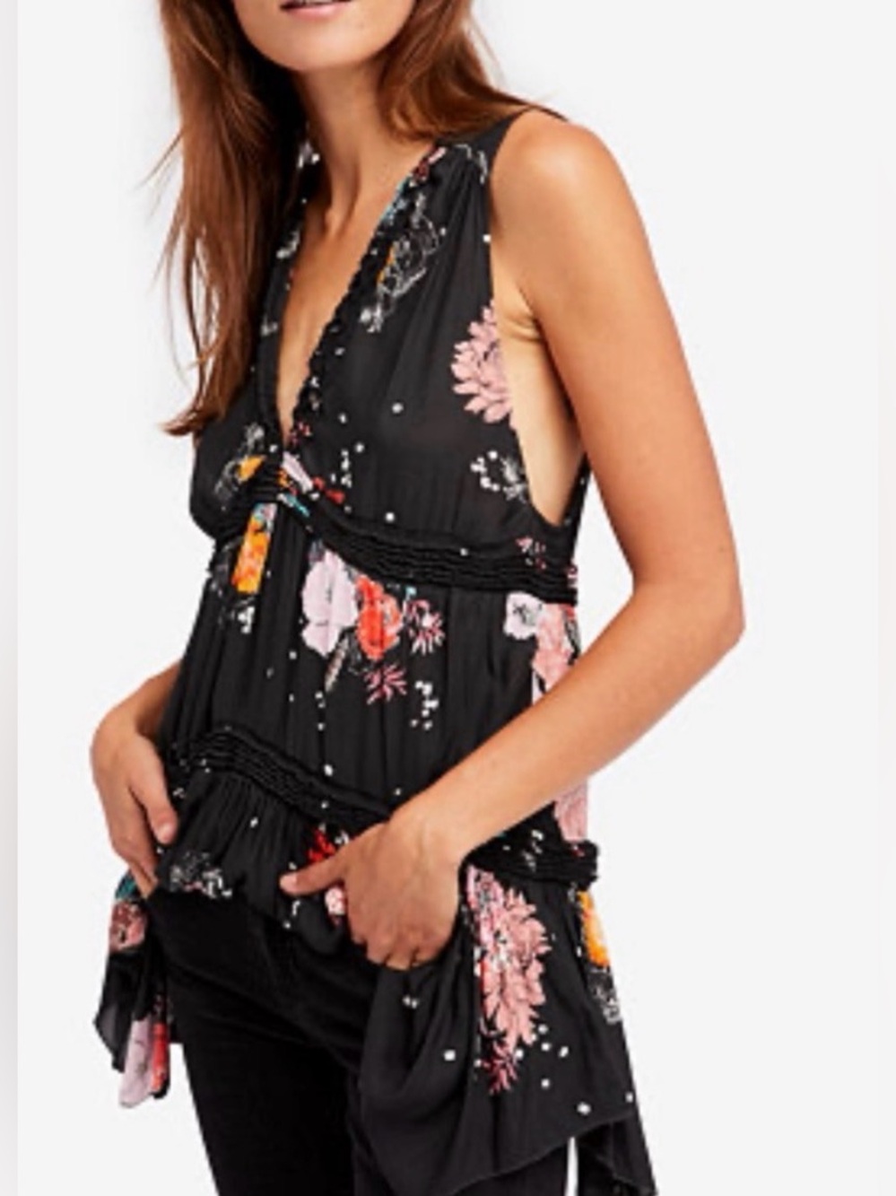 Free People Black Floral Sleeveless V-Neck Tunic Top